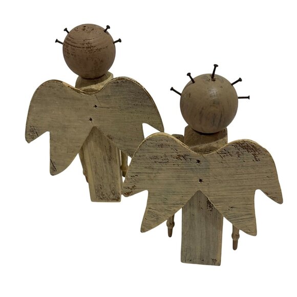 Handcrafted Wooden Angel Brown Figurines Set Of 6 Piece Rustic Finish Halos 4" - Picture 2 of 16